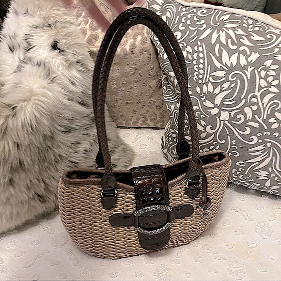 Brighton Basket Weave Brown Leather Braided Straps Croc Embossed Shoulder Bag - Picture 1 of 10